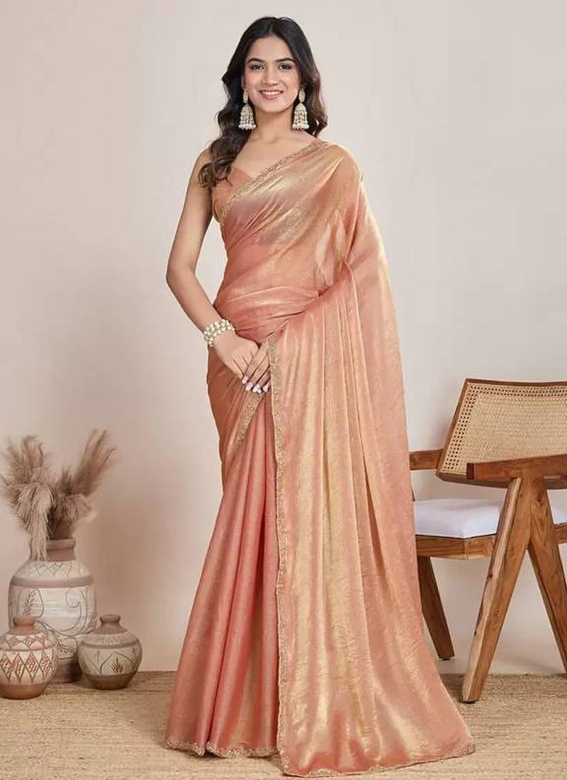 peach chiffon saree with hand embroidered lace border