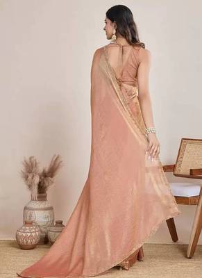 peach chiffon saree with hand embroidered lace border 2