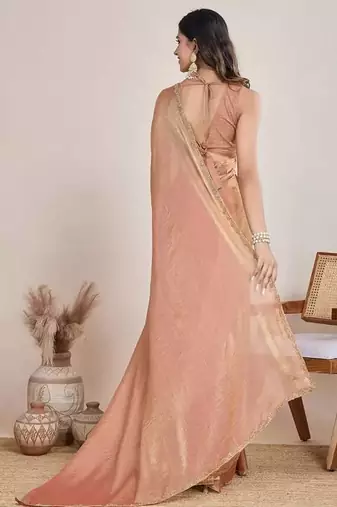 peach chiffon saree with hand embroidered lace border