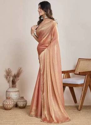 peach chiffon saree with hand embroidered lace border 3
