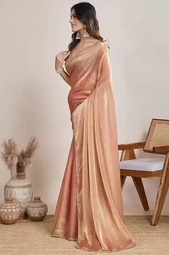 peach chiffon saree with hand embroidered lace border