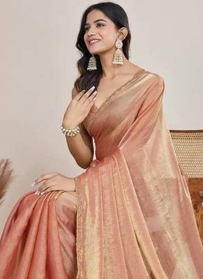 peach chiffon saree with hand embroidered lace border 4