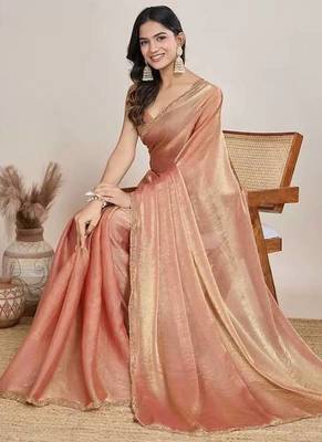 peach chiffon saree with hand embroidered lace border 5