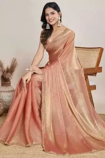 peach chiffon saree with hand embroidered lace border