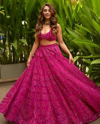 Pink Embroidery Silk Lehenga Choli Set 1
