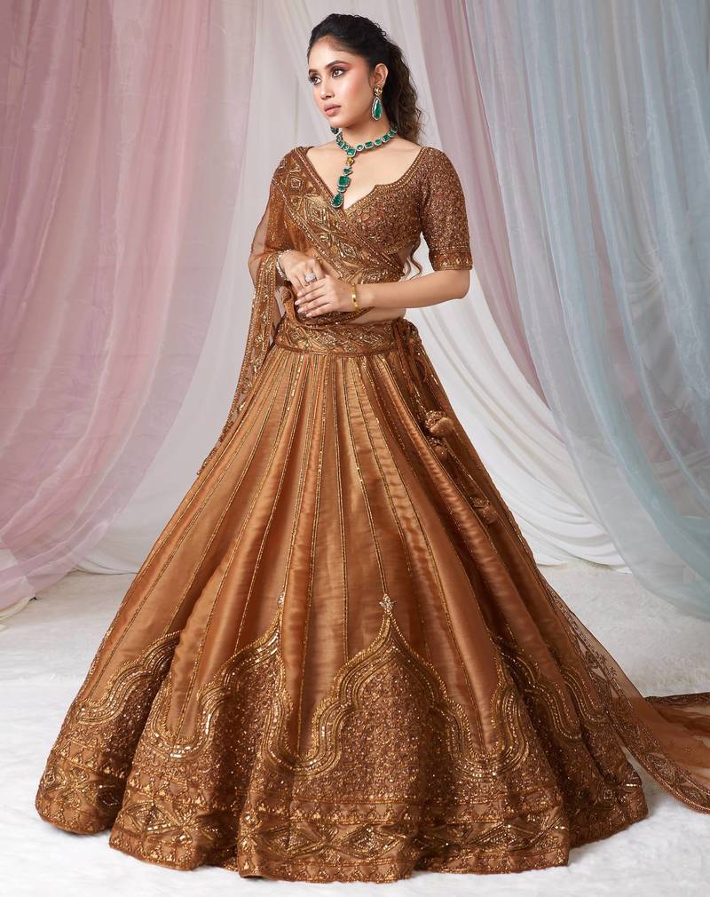 Gold Satin Sequins & Dori Work Lehenga