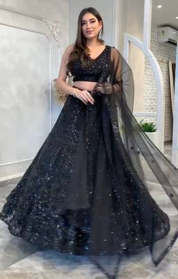  black net a-line lehenga set with sequins dori work 1