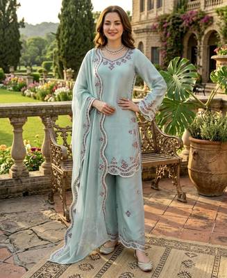 sky blue silk blend full sleeve palazzo set with embroidery 1