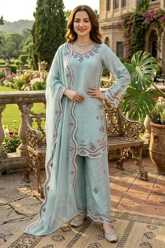 Sky blue silkblend embroidered palazzo set