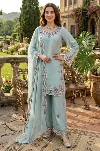 Sky blue silkblend embroidered palazzo set
