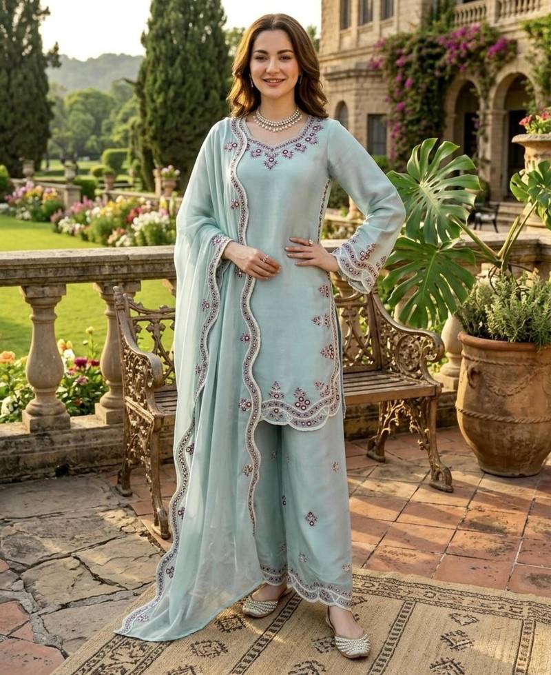 Sky blue silkblend embroidered palazzo set