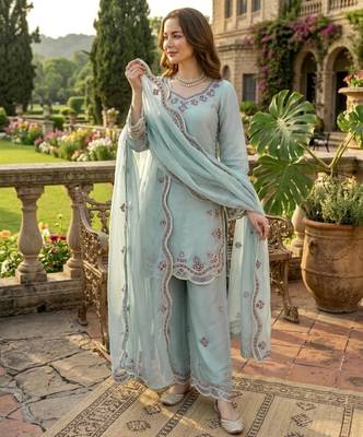 sky blue silk blend full sleeve palazzo set with embroidery 2