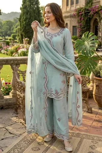 sky blue silk blend full sleeve palazzo set with embroidery