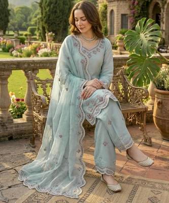sky blue silk blend full sleeve palazzo set with embroidery 3