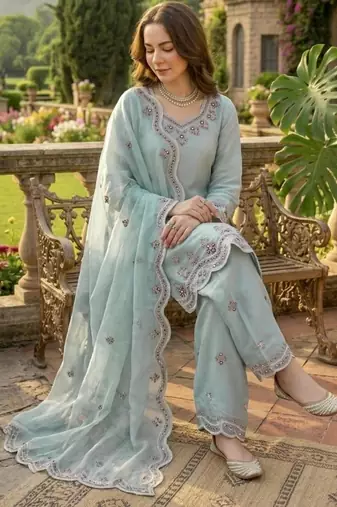 sky blue silk blend full sleeve palazzo set with embroidery