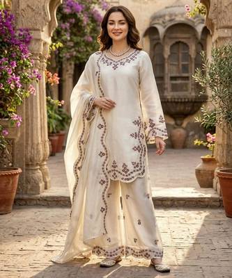 white silk blend palazzo set with embroidered  detail 1