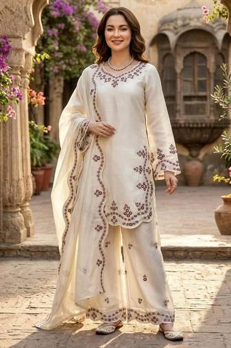 White silkblend embroidered palazzo set
