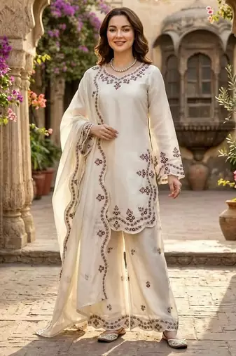 White silkblend embroidered palazzo set