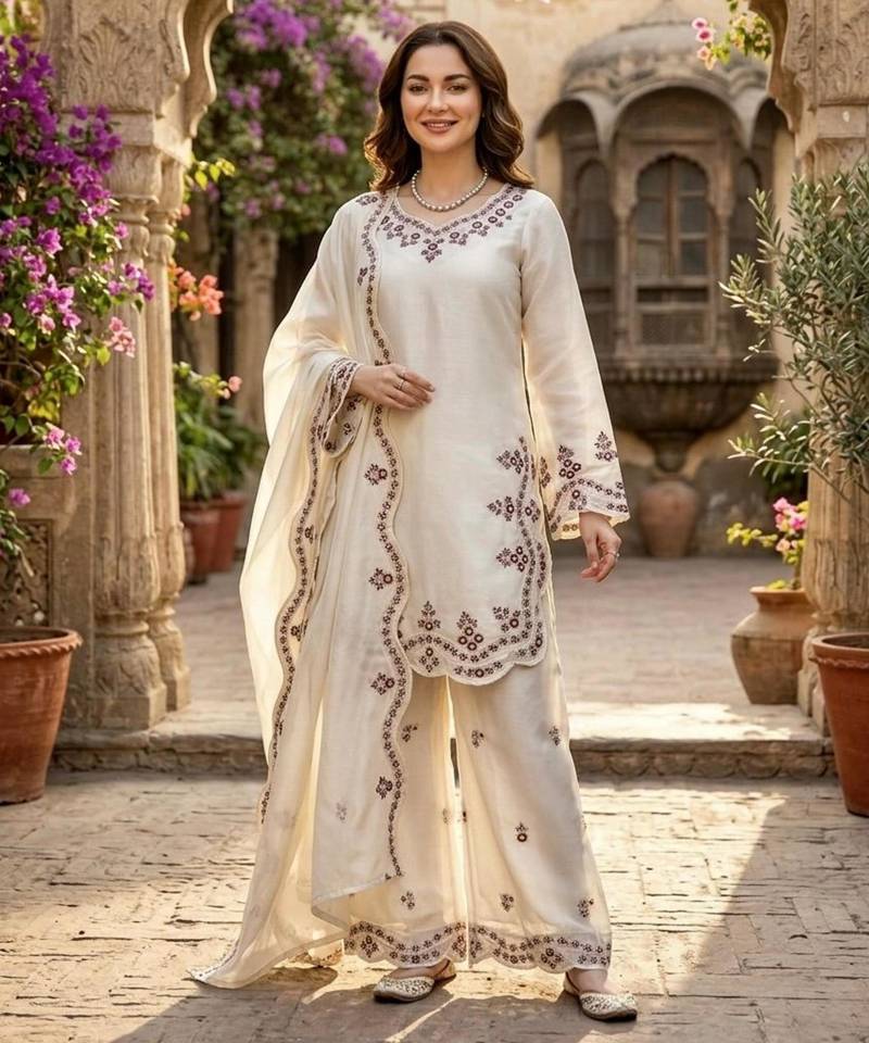 White silkblend embroidered palazzo set