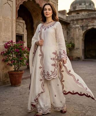white silk blend palazzo set with embroidered  detail 3