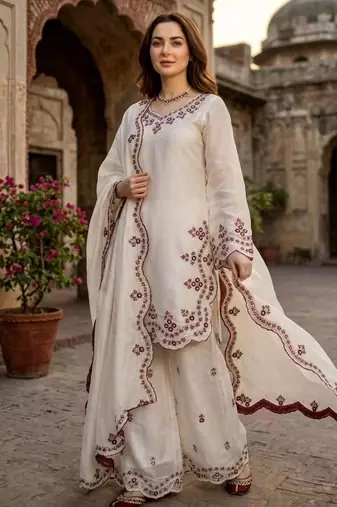 white silk blend palazzo set with embroidered  detail