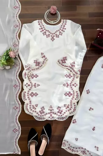 white silk blend palazzo set with embroidered  detail