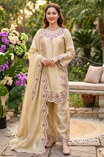 Cream silkblend embroidered palazzo set