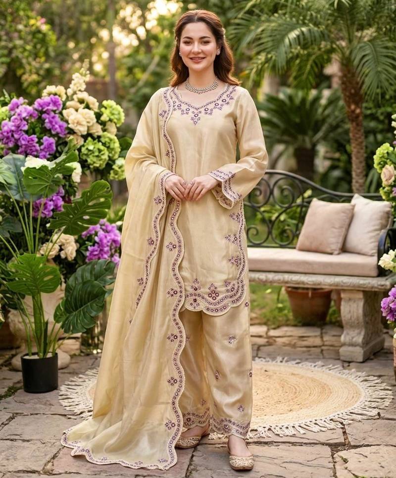 Cream silkblend embroidered palazzo set
