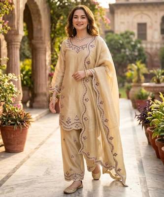 cream silk blend palazzo set with embroidered accents 2