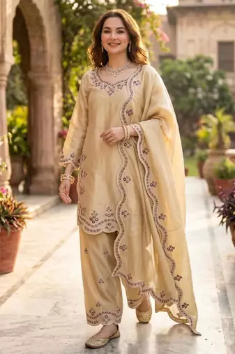 cream silk blend palazzo set with embroidered accents