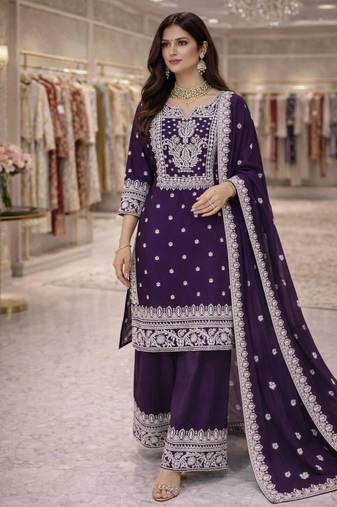Dark purple silkblend embroidered sharara set