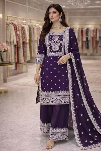 Dark purple silkblend embroidered sharara set