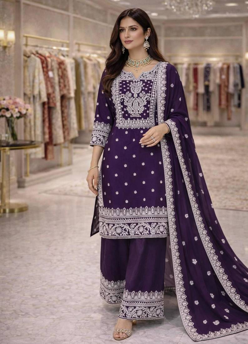 Dark purple silkblend embroidered sharara set