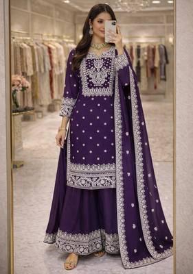dark purple silk blend sharara set with silver embroidery 2
