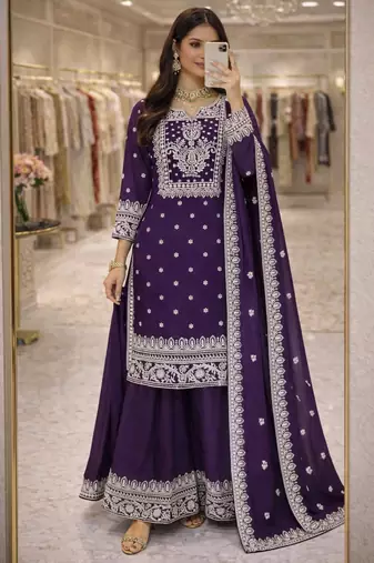 dark purple silk blend sharara set with silver embroidery