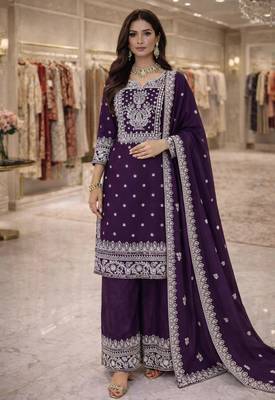 dark purple silk blend sharara set with silver embroidery 3
