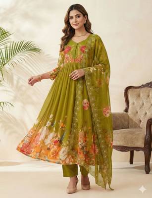 olive georgette anarkali gown set with floral print 1