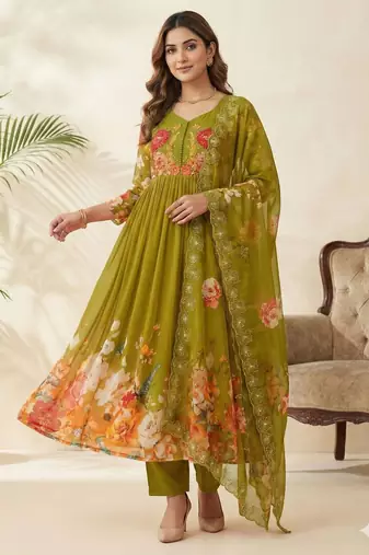 Olive georgette printed gown set