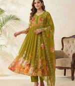 Olive georgette printed gown set