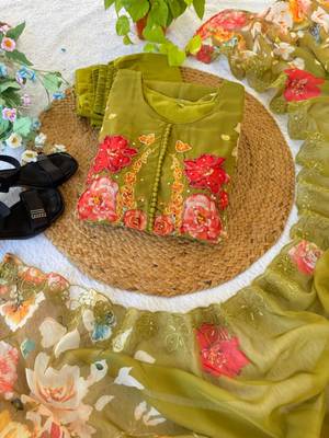 olive georgette anarkali gown set with floral print 2