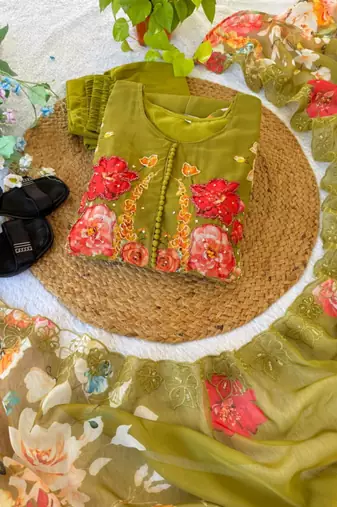 olive georgette anarkali gown set with floral print