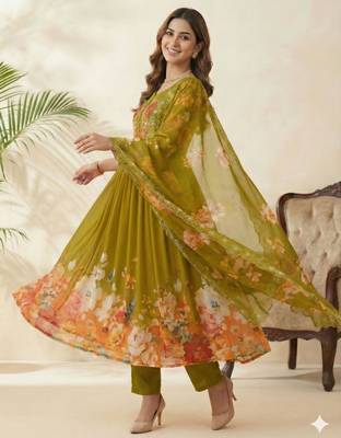 olive georgette anarkali gown set with floral print 3