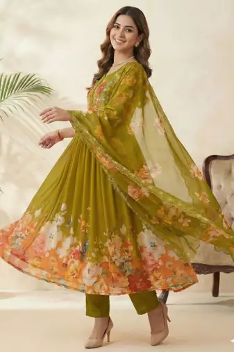 olive georgette anarkali gown set with floral print