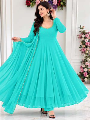 Sky Blue Georgette Gown Set with Beaded Neckline 1