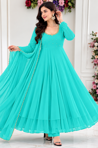 Sky Blue Georgette Gown Set with Beaded Neckline
