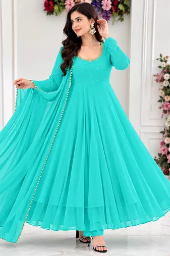 Sky Blue Georgette Gown Set with Beaded Neckline