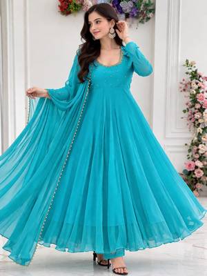 dark sky blue georgette gown set with beaded neckline 1