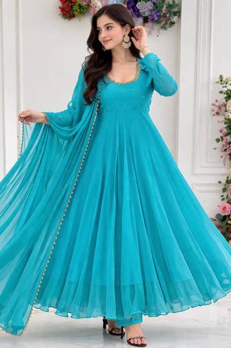 Dark sky blue georgette plain gown set