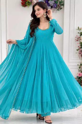 Dark sky blue georgette plain gown set