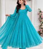 Dark sky blue georgette plain gown set
